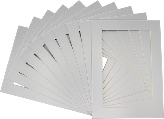 5x7 Mat for 8.5x11 Frame - Precut Mat Board Acid-Free Show Kit with Backing Board, and Clear Bags Metallic Silver 5x7 Photo Matte For a 8.5x11 Picture Frame Matboard for Framing, Pack of 25 Mats