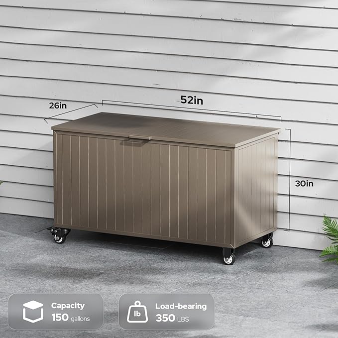 Outdoor Storage Box with Wheels 150 Gallon, Metal Deck Boxes Waterproof, UV Resistant Patio Storage Box with Lid for Patio Furniture, Garden Tools (Brown)