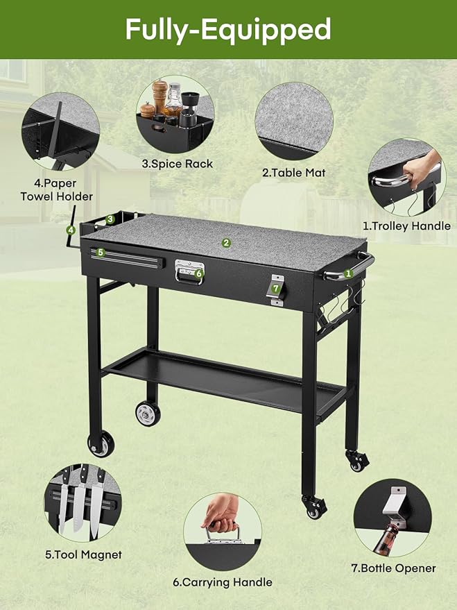 Grill Cart, Portable Outdoor Grill Table for Blackstone Griddle, Foldable Cart Table with Wheels, Griddle Stand with Paper Towel Holder, BBQ Prep Tables with Seasoning Tray