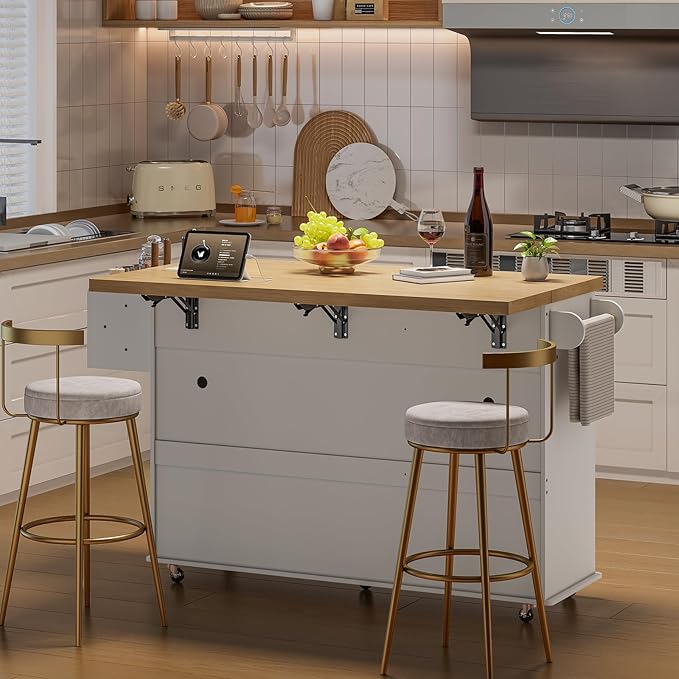 60" Kitchen Island with Power Outlet & Drop Leaf, Kitchen Rolling Island with Spice Rack & Towel Rack, Knife Holder, Kitchen Island Cart with Trash Storage Cabinet, Mobile Island Table for Kitchen