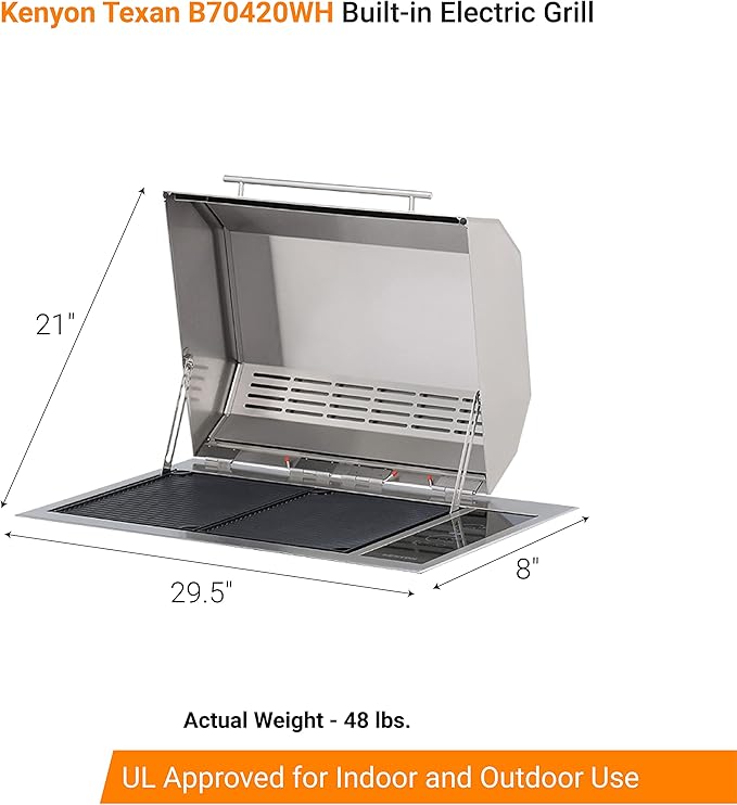 Kenyon Texan Built-In Electric Grill with Faceted Single Piece Lid and Standard Lite Touch Control, Stainless Steel Body, UL-Approved for Use Indoors and Outdoors, No-Flame Grill, 240 Volts