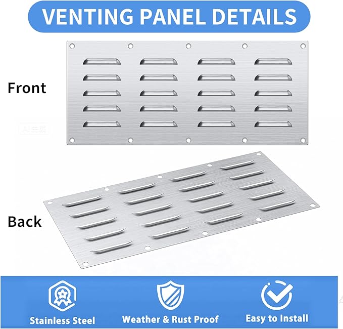 2 Pack Stainless Steel Venting Panel for BBQ Grill Accessory, 15x6.5 Inch (20-Slots), 304 Grade Metal Vent Cover for Masonry Fire Pits & Outdoor Kitchens, Weather Resistant, 15" by 6-1/2"