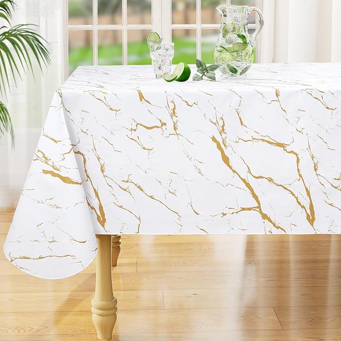 misaya Rectangle Waterproof Vinyl Table Cloth, Wipeable Tablecloth with Flannel Backing, Plastic Table Cover for Dinner, Picnic, Indoor and Outdoor (White Gold Marble, 60" x 102")