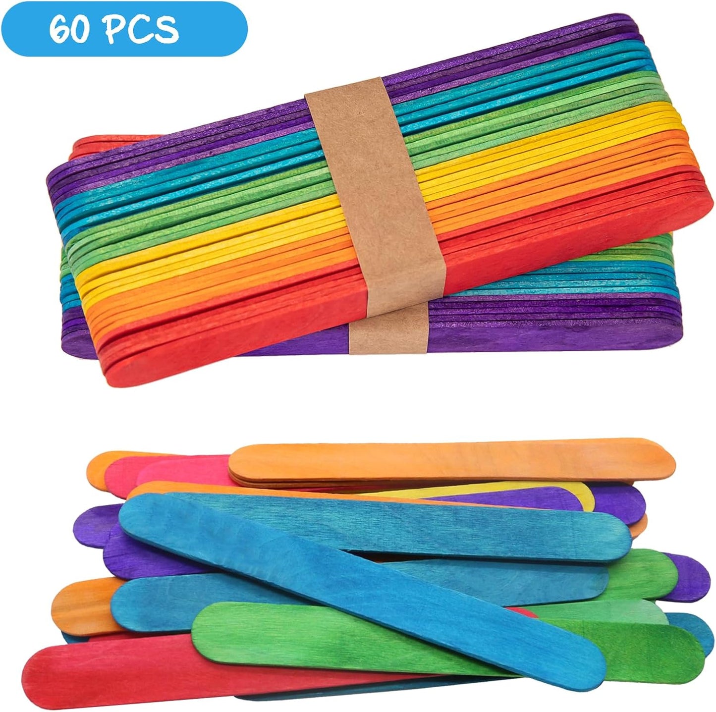 WISYOK 60 Pcs 6” Colored Jumbo Wooden Craft Sticks, Rainbow Wooden Popsicle Sticks, Wide Lollipop Sticks, Treat Sticks Ice Pop Sticks fir Creative Designs or Home Art Projects