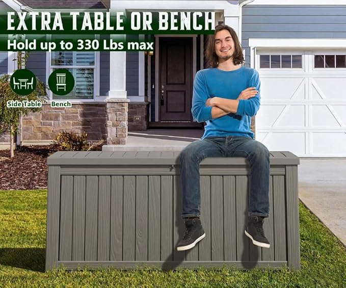 NUNU LAB 180 Gallon Outdoor Storage Box,Resin Large Sturdy Deck Box, Backyard Outside Storage Box Waterproof with Double Wall Panels,Package Delivery Garden Outdoor Hose