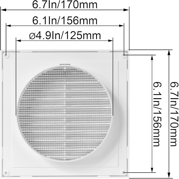 White 5'' Inch Ventilation Grille - Inside/Outside use - (Flange 4.9''Ø/Cover 6.7''x6.7'') - Air Vent Louver - Exhaust Hood - Available 3 Sizes / 4 Colors.