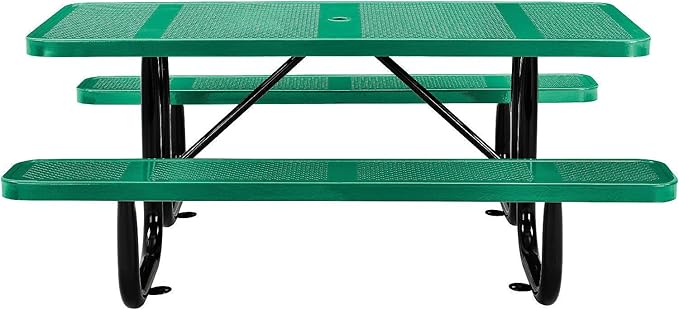Global Industrial 72" Rectangular Picnic Table, Perforated Metal, Thermoplastic Coating, Attached Benches, 1-1/2” Umbrella Pole Hole, Outdoor-Rated, 1000 lbs Capacity, Green