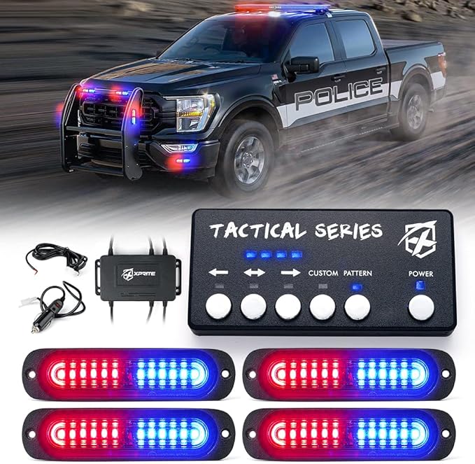 Xprite Red Blue LED Surface Mount Strobe Police Lights Kit, w/Control Panel Emergency Safety Warning Flashing Grille Cop Marker Light Assembly for Vehicles Trucks ATV UTV Motorcycle 4PCS