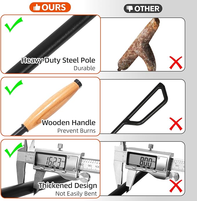 Fire Poker for Fire Pit Outdoor, 38 Inch Extra Long Iron Campfire Poker, 3 Part Assembled Fireplace Poker with Blower Poke and Wooden Handle for Indoor Wood Stove, Outdoor Camping, Bonfires