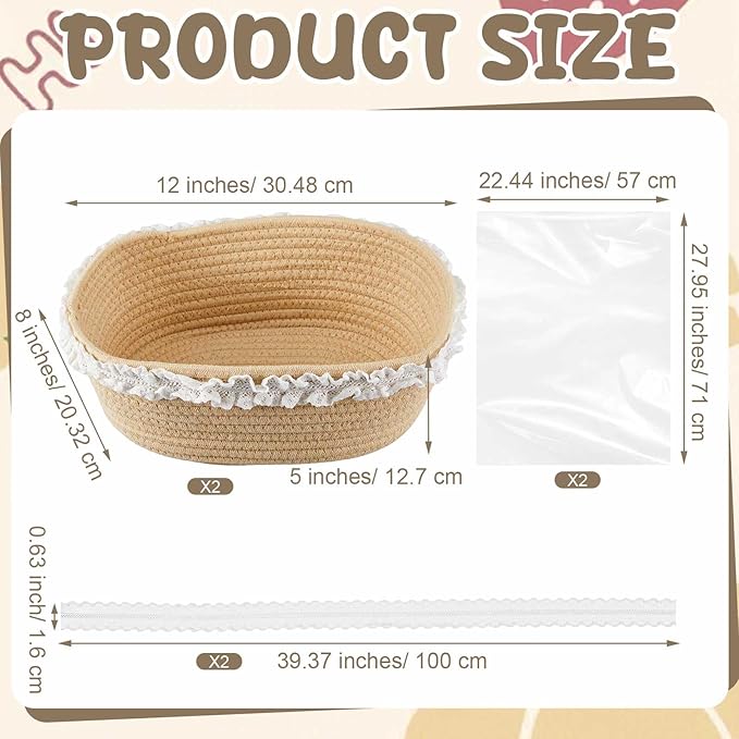 2 Pcs Small Wicker Hand-Woven Rattan Baskets with Clear Gift Bags and Lace Ribbons 12"X 8" X 5" for Baby Diaper Caddy Basket Baby Shower Gifts Easter Egg Storage
