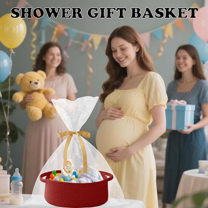 Gift Basket with Gift Bag and Ribbons,Small Rope Woven Shelf Storage,Baskets for Gifts Empty,Birthday,Baby Shower,Decorative Organizer Box with Handles(Red)
