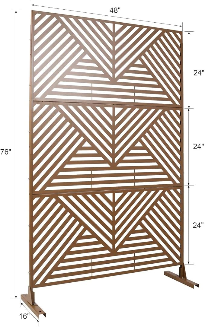 Outdoor Privacy Screen with Geometric Design – Metal Decorative Panel, Freestanding Partition, Weather-Resistant, 76"x48" for Garden, Patio, Balcony, and Yard, Brown