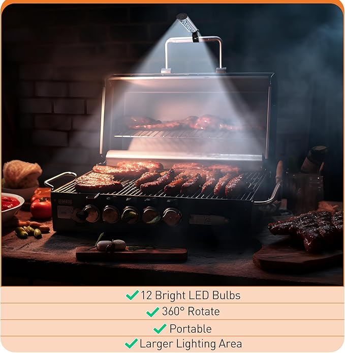 Meonum 1 Pack BBQ Grill Light Compatible with Blackstone Griddle for Outdoor Grill, Gifts for Men Dad Husband, Battery Operated Barbecue Lights with 360 Degrees Adjustable C Shape Clamp