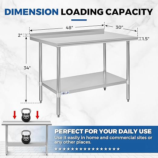 Profeeshaw Stainless Steel Prep Table NSF Commercial Work Table with Backsplash and Undershelf for Kitchen Restaurant 48x30 Inch