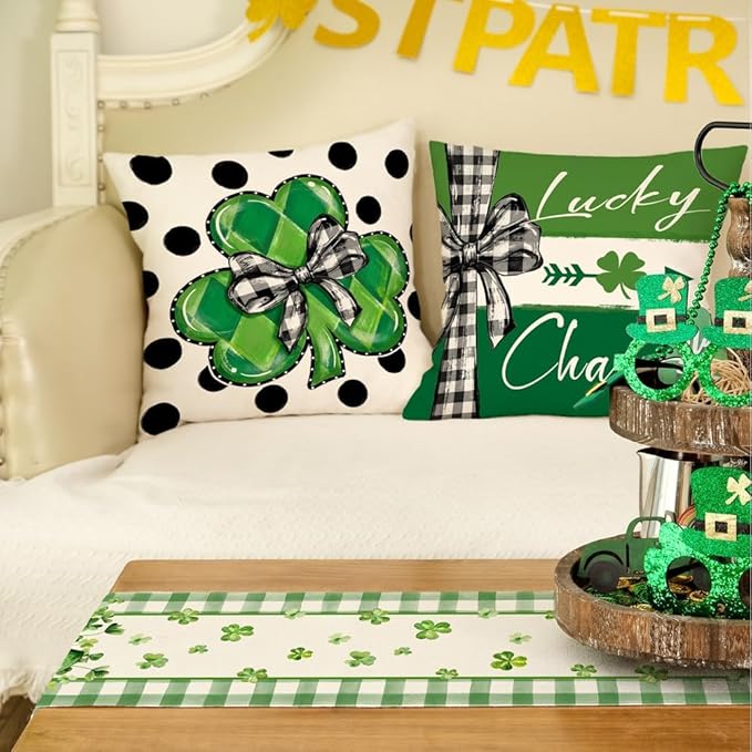 GEEORY St. Patrick's Day Table Runner 13 x 72 Inch, Shamrocks Plaid Mason Jar Decorative Holiday Table Decoration for Kitchen Dinning, Indoor Outdoor Dinner Party Décor GT142-72