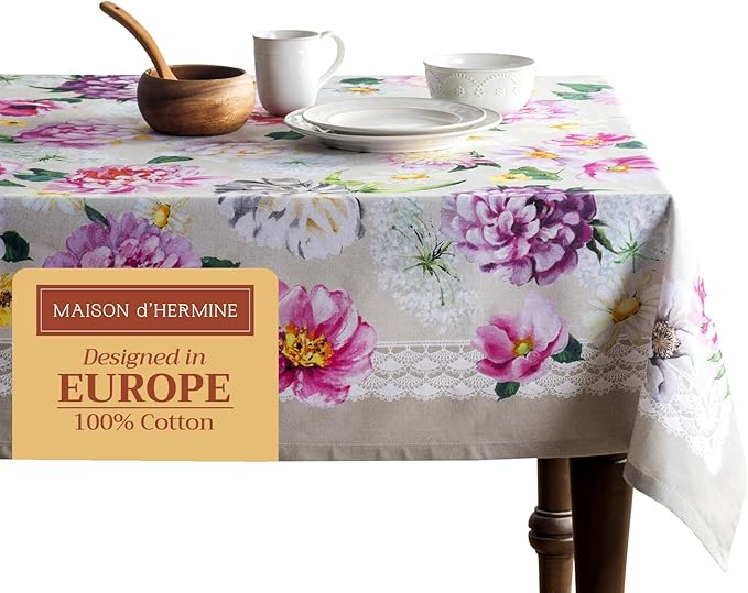 Maison d' Hermine Table Cloth Rectangle Table 100% Cotton 54 x 72 Inches Tablecloth Reusable Decorative Everyday Use for Dining Room, Farmhouse, Home, Party, Festive & Wedding Spring Summer - Pivoine