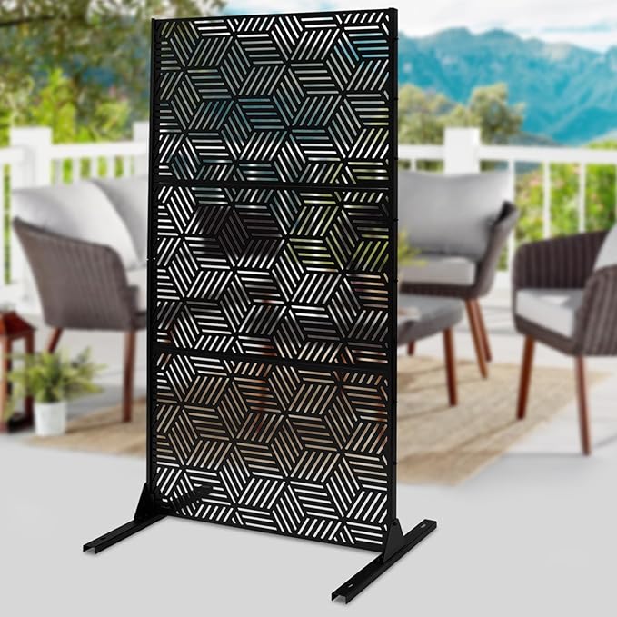 Outdoor Privacy Screen Freestanding, 36" W x 71.5" H Outdoor Decorative Screen Backyard Privacy Fence for Patio Garden Balcony Porch, Black Rhombic Panels