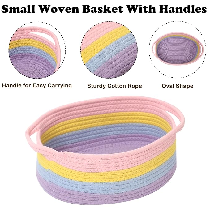 Gift Basket with Gift Bag and Ribbons,Small Rope Woven Shelf Storage,Baskets for Gifts Empty,Birthday,Baby Shower,Decorative Organizer Box with Handles(Rainbow Pastel)