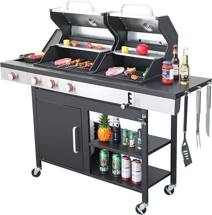 Gas and Charcoal Combo Grill, 37230 BTU 2-in-1 Outdoor BBQ, Dual Zone Cooking with Thermometer, Locking Wheels & Foldable Side Table for Patio and Garden Use(3+1 Burner + Charcoal grill)
