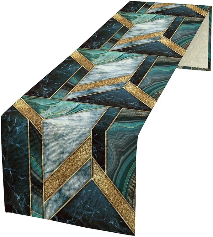 Marble Table Runner, Dark Green Gold Modern Mosaic Design Table Runner Decoration for Kitchen Family Dinner Table Holiday Party Farmhouse 13x60in