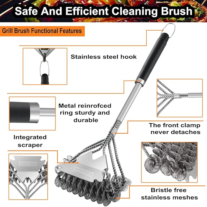 POLIGO Safe Grill Brush and Scraper Bristle Free 18" Grill Cleaner Brush - Stainless Steel BBQ Brush for Grill Cleaning - Wireless Grill Brush with BBQ Scraper for Grill - Gifts for Grill Wizard
