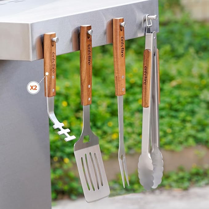 onlyfire 5PCS BBQ Tools, Heavy Duty Grill Kit with Wood Handles for Outdoor Camping, Multifunctional Griddle Utensil Set Including BBQ Spatula, Barbecue Tong, Meat Fork and Grate Liftes