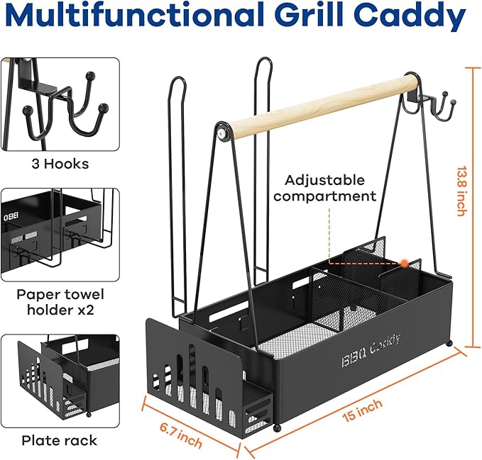 Grill Caddy, BBQ Caddy for Outdoor Grill with 2 Paper Towel Holders, Picnic Condiment Utensil Caddy, Camping Essentials, RV, Tailgating, Grilling Accessories, Camping Kitchen, Gifts for Men