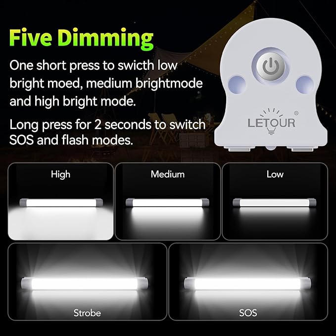 LETOUR Rechargeable Light LED Tube Magnetic Light 4000Lumens 5200mAh 5 Levels Dimming Camping Lantern USB Rechargeable Portable Lights with 2 Magnets Endurance for 60 Hours