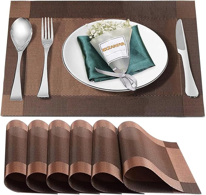 Placemats Set of 6,Washable,Heat and Stain Resistant Indoor/Outdoor Place mats,Vinyl Woven Non Slip Table Mats for Restaurant Table Protection,PVC Placemats(Brown,6PCS)