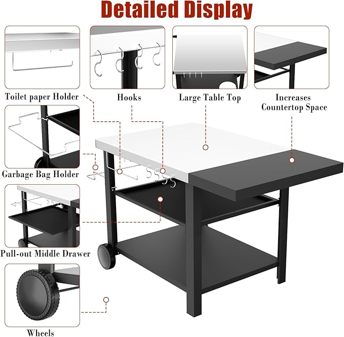 Outdoor Kitchen Island, Grill Cart with Drawer, Pizza Oven Stand, Movable 3-Shelf Prep Table with Side Table for Ninja Woodfire, Ooni Pizza Oven, Blackstone Griddle, Cuisinart, Cooking Station