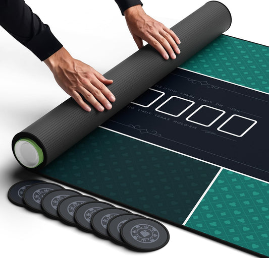 Newverest Poker Table Top 70" x 35", Texas Hold'em Poker Mat for Home Game Nights Up to 10 Players, Blackjack, Casino | Poker Topper for Tables in Zipper Storage Bag with 8 Coasters in Gift-Ready Box