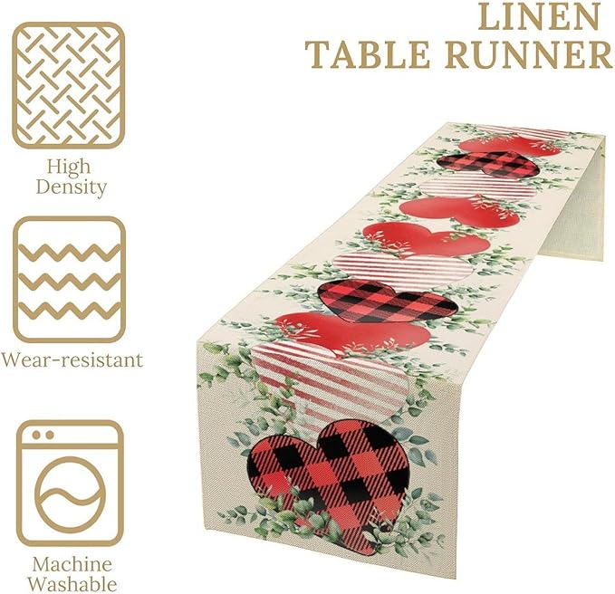 Valentines Day Table Runner,Vintage Rustic Sweet Heart Leaves Valentines Day Buffalo Plaid Runner for Table Seasonal Fresh Decor for Indoor Outdoor Dining Table Decorations, 13"x108"