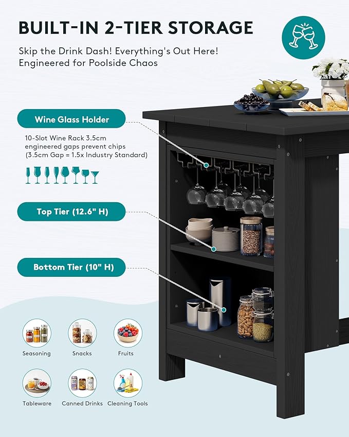 SERWALL Outdoor Bar Table and Chairs Set, 3-Piece HDPE Counter Height Patio Dining Sets with Storage and Wine Rack, Rectangular High Top Bar Table with 2 Bar Stools for Garden, Backyard, Black