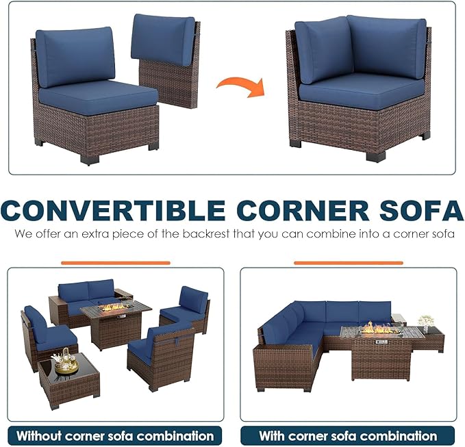 7 Piece Patio Furniture Set with Fire Pit Table, Outdoor Conversation Sets Wicker Rattan Sectional Sofa with Coffee Table, 4'' Thickened Cushion Navy Blue (Include Waterproof Cover)