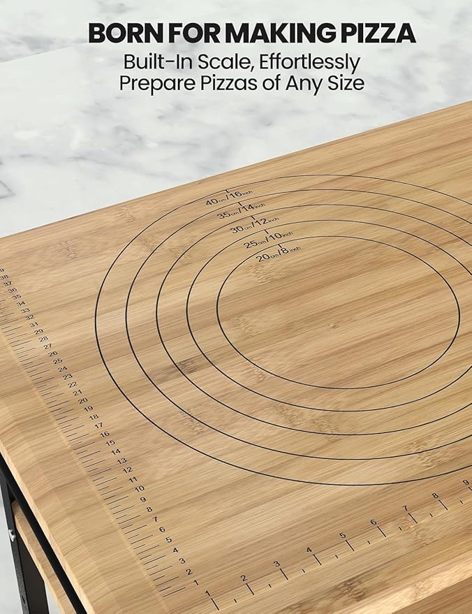 DEXSO 38x20x6.5in Bamboo Pizza Oven Table - 3-Shelf Outdoor Grill Cart with 4 Wheels, Wood Color Food Prep & BBQ Dining Table