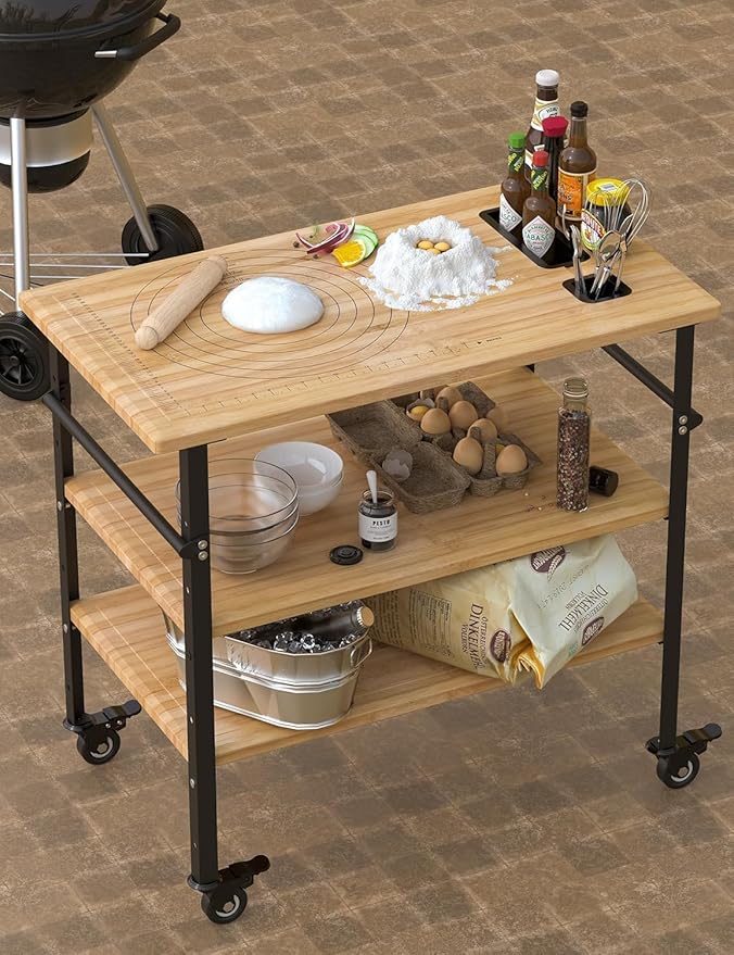 DEXSO 38x20x6.5in Bamboo Pizza Oven Table - 3-Shelf Outdoor Grill Cart with 4 Wheels, Wood Color Food Prep & BBQ Dining Table