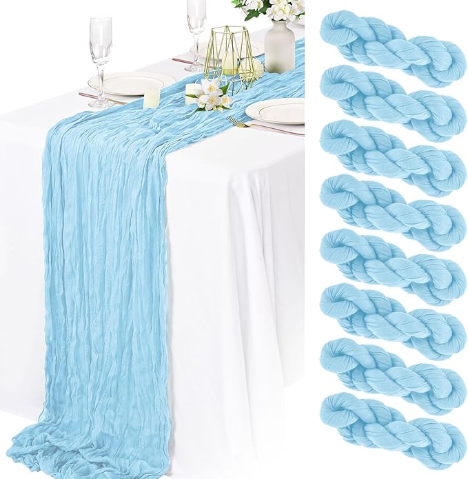 8 Packs Cheesecloth Table Runner 10FT Long Boho Gauze Fabric Table Runner Vintage Rustic Sheer Runners for Wedding Party Bridal Baby Shower Table Decorations (Light Blue)