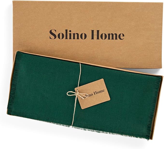 Solino Home Linen Fringe Table Runner 108 Inches Long - 100% Pure Linen Evergreen Table Runner 14 x 108 Inch for Winter, St Patricks Day - Handcrafted and Machine Washable