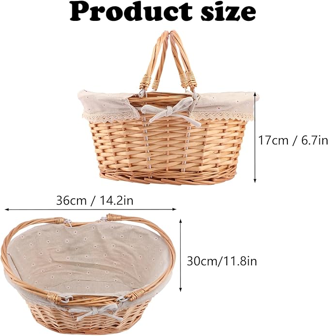 Natural Wicker Basket with Linen Lining, 14 Inch Large Wicker Woven Picnic Basket with Handle for Picnic, Camping, Outdoor Party