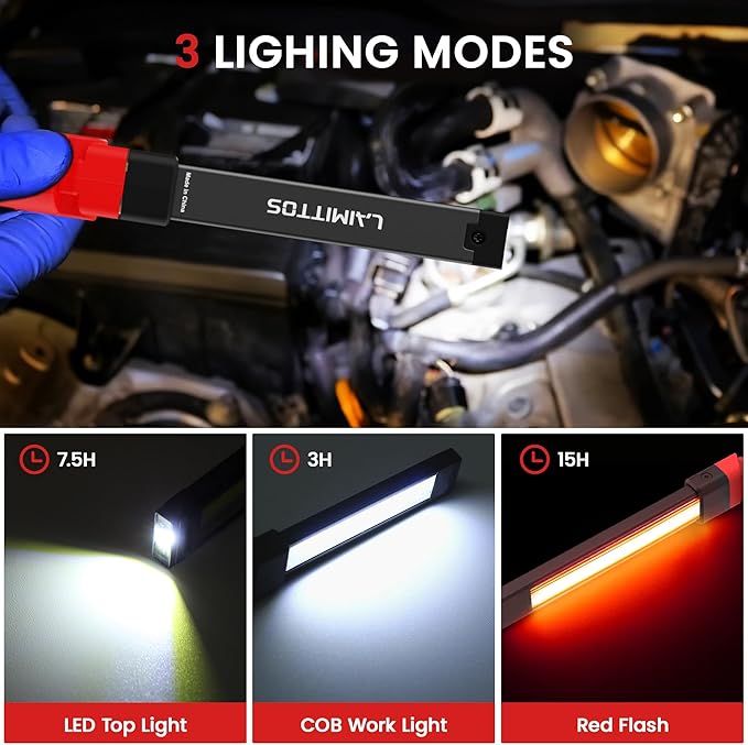 Rechargeable Work Light 2200mAh Magnetic LED Work Light Flashlight Mechanic Light Tool for Men Him, Foldable Lamp with Hook for Car Repair Emergency BBQ Grill