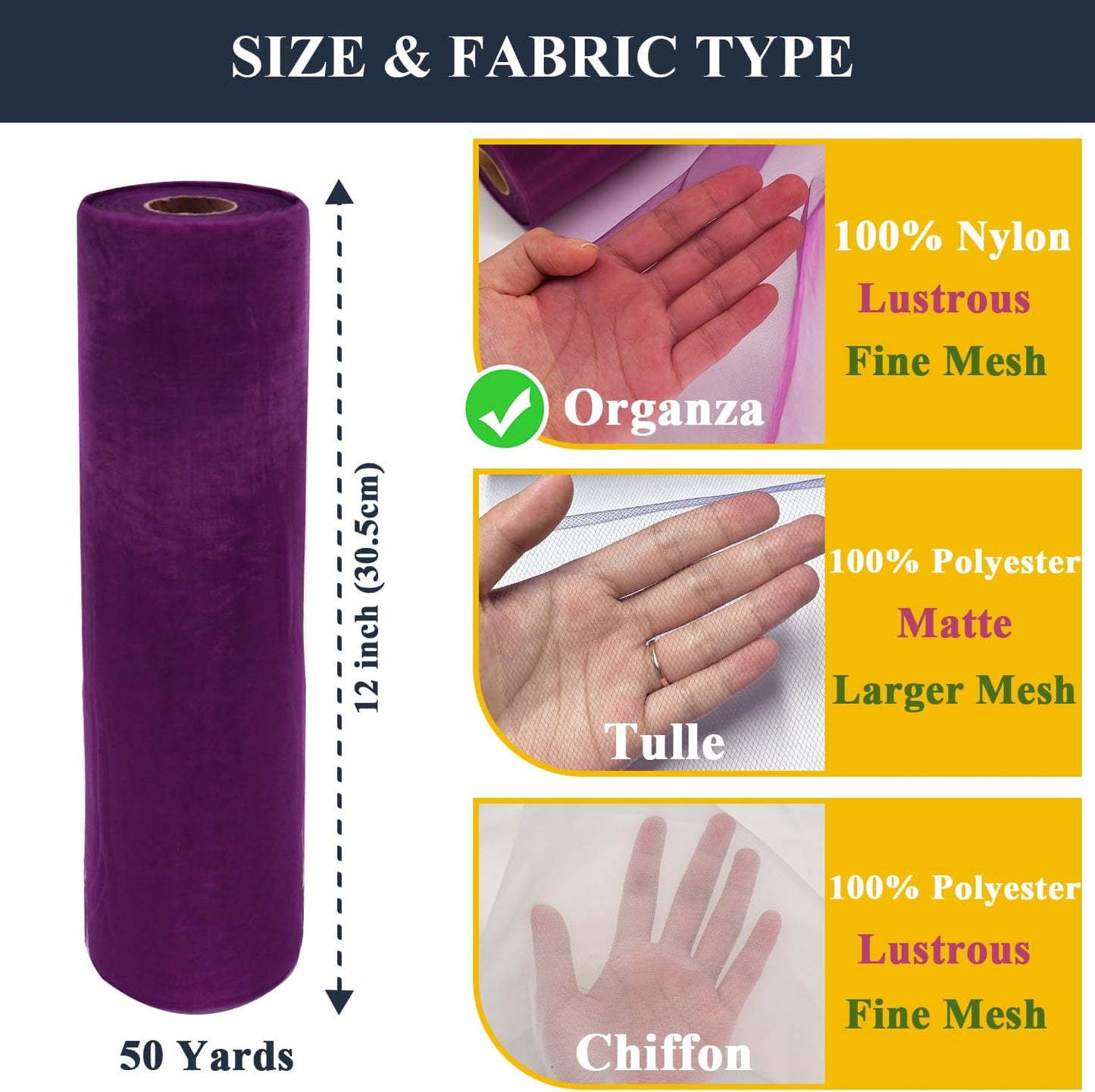 Purple Organza Tulle Fabric Rolls, Crystal Organza 12" by 50 Yards (150 ft) Sheer Nylon Silky Shiny Netting Spool Bolt for DIY Craft Table Runner Wedding Baby Shower Party Decor (Purple)