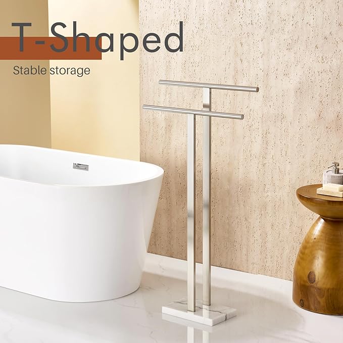 KOKOSIRI Towel Rack Free Standing Brushed Nickel 2-Tier Towel Holder for Bathroom Floor Stand with Heavy Marble Base Thicken Steady Design Stainless Steel THS0005-BR