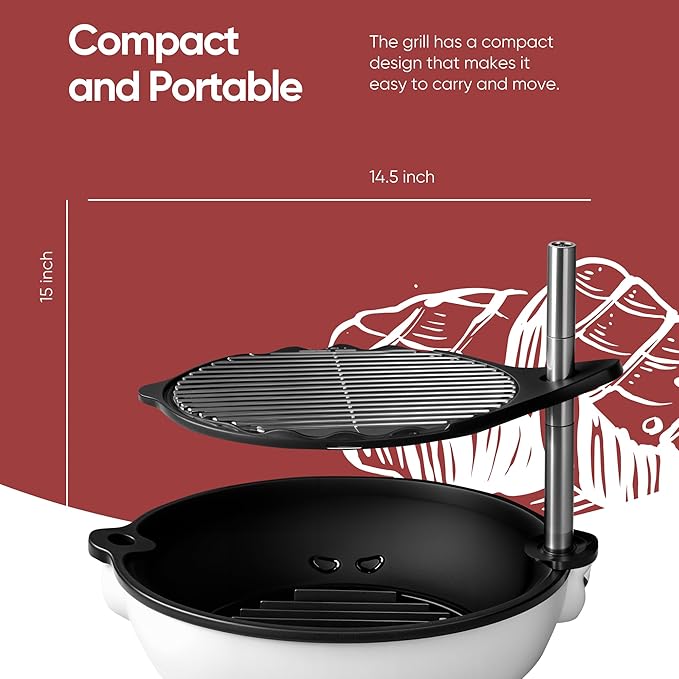 Bola Grill Traveler Portable Charcoal Grill – Small Tabletop BBQ Grill with Adjustable & Rotating Grate for Outdoor Cooking, Camping & Backyard BBQ (White)