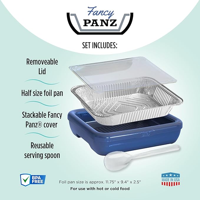 Fancy Panz - Denim Blue Classic Aluminum Foil Pan Carrier with Lid - Elevated Food Serving Tray - Portable Casserole Carrier with Lid - Made in The USA Hosting Essentials