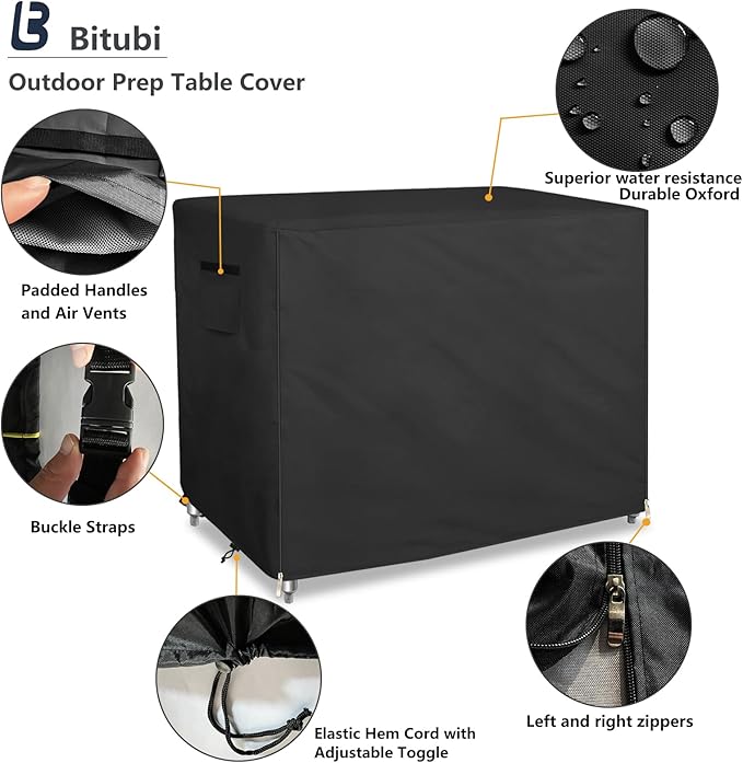 Bitubi 48 Inch Outdoor Prep Table Cover with Split Zipper, Waterproof Stainless Steel Prep & Work Table Cover for Patio Table - 48''L x 24''W x 35''H (Black)