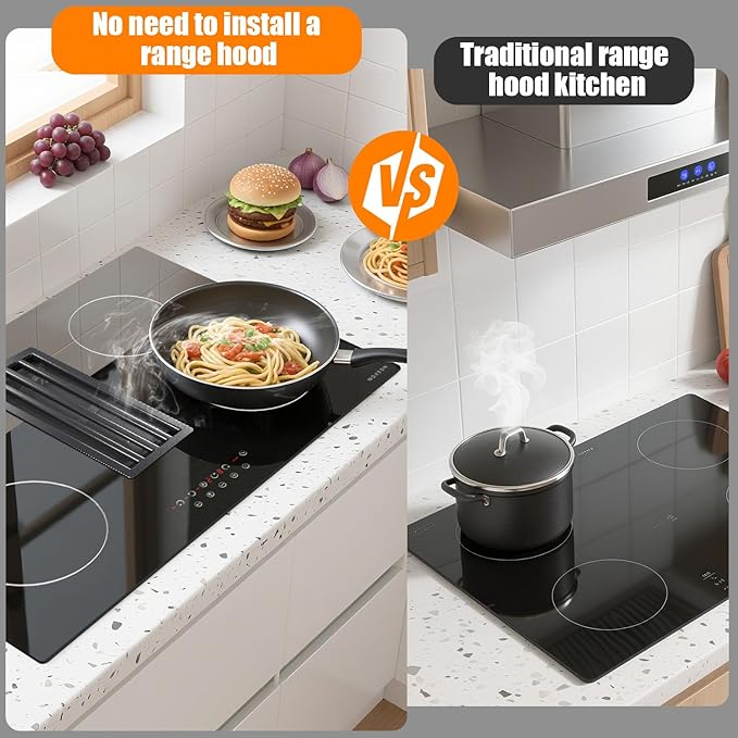 Noxton 30”Electric Cooktop with Downdraft Vent, 4 Burner Radiant Stove Top, 6000W, 240V Hardwired, 9 Heat Settings, 99-Min Timer, Pause & Child Lock(No Exhaust Pipe Required)