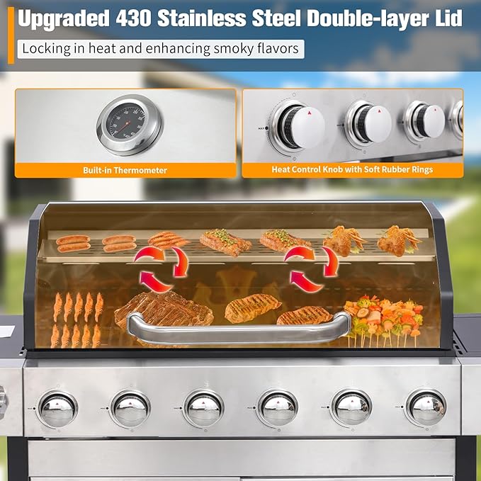 CIG GARDEN 6 Burner Propane Gas Grill With Side Burner,3 in 1 Gas BBQ Grill,73000 BTU Outdoor Barbecue Propane Griddle Grill Combo for Camping, Patio, Backyard