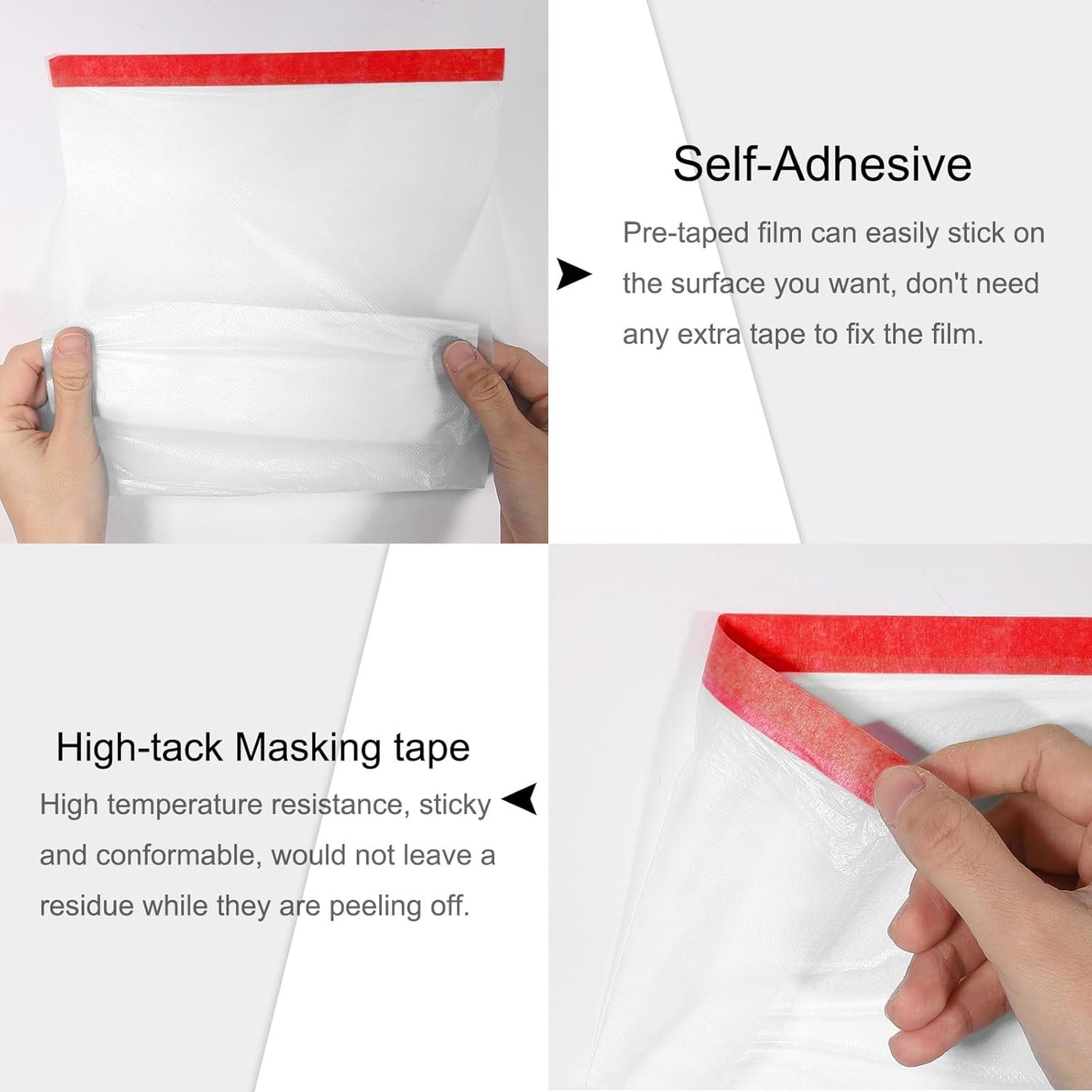 uxcell Pre-Taped Masking Film, 3.6ft x 66ft High-Tack Painters Tape Plastic Drop Cloth with High-Tack Painters Tape for Painting Protection Red 3Pcs