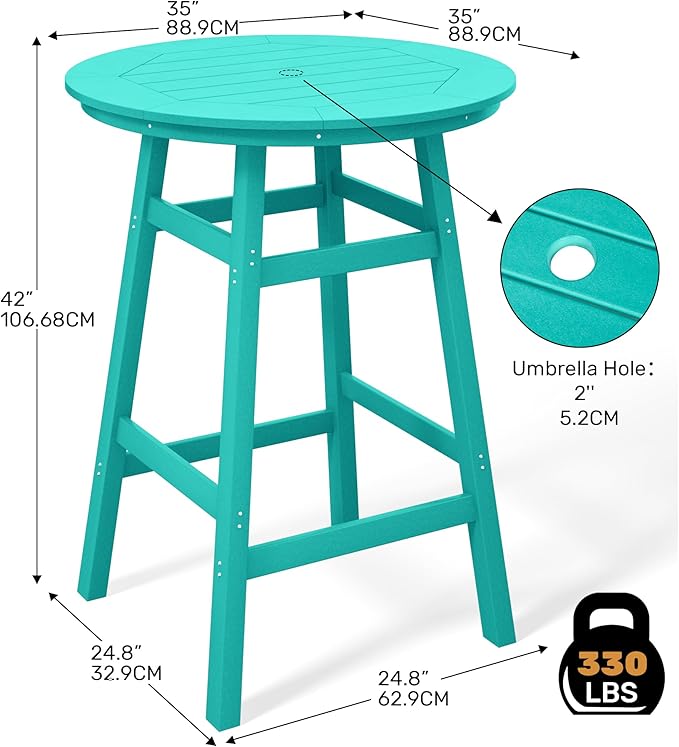Costaelm Patio Bistro Table, 42" Counter Height Round Patio Cocktail Bar Table with Umbrella Hole, Outdoor Bistro Dining Pub Table for Front Porch Deck Backyard Garden, Turquoise