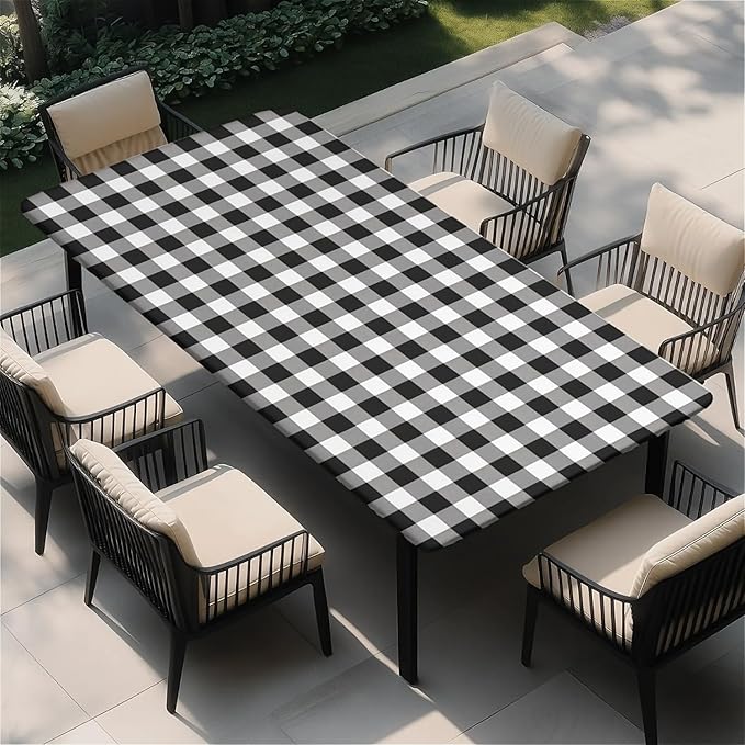 Rectangle Table Cloth Cover Waterproof Elastic Fitted Polyester Fitted Tablecloths for 8 Foot Tables for Indoor,Picnic, Camping, Outdoor （96" x 30"，Black Grid）